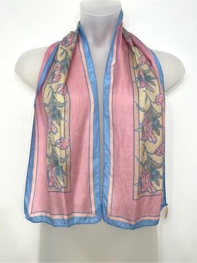 Elaine Gold 100% Silk Scarf Made in Japan Pink Blue Floral Vintage Rectangular